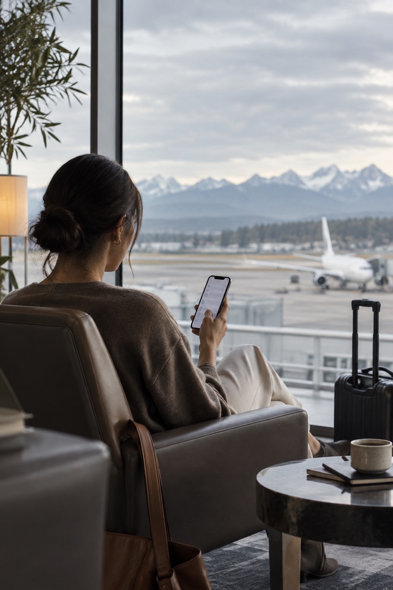 Traveler reviewing an itinerary in a quiet airport lounge